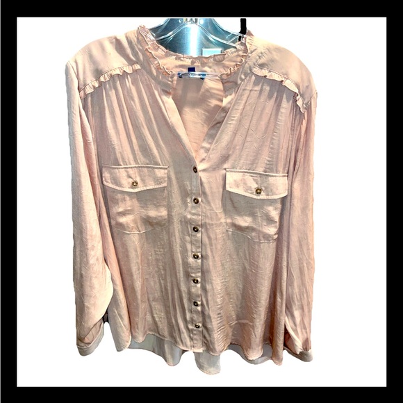Democracy BEIGE button Front Blouse Size 2xl Ruffle Collar Ruffle Shoulders XXL - Picture 1 of 13